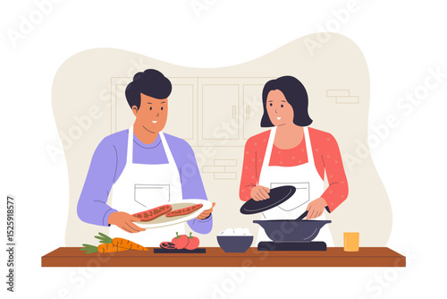 Couple Cooking Together Illustration in Kitchen with Fresh Ingredients. Illustrations for websites, landing pages, mobile apps, posters and banners