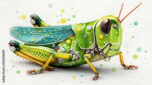 Vibrant Green Grasshopper Watercolor Painting