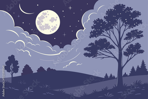 Nighttime Landscape with Full Moon and Clouds serene illustration landscape night featuring full moon clouds trees hill night landscape moonlit scene full moon clouds trees