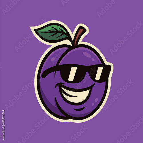 Smiling cool Plum with sunglas - cartoon mascot illustration character vector clip - tee design for printing. Good for poster, wallpaper, t-shirt, gift.
