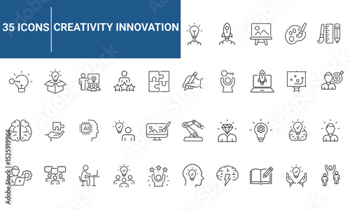 Creativity innovation set of web icons in line style. Creative business solutions icons for web and mobile app. Creative idea, team management, solution, brainstorming, invention. Vector illustration.