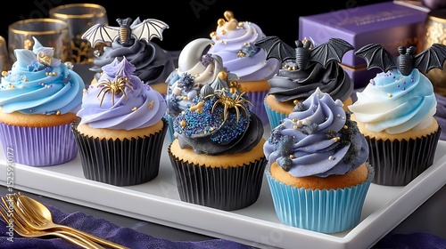 Colorful Halloween Cupcakes with Gothic Decorations and Edible Spiders in a Festive Display