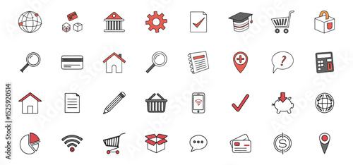 A collection of hand drawn icon illustrations featuring web design e commerce shopping and business elements