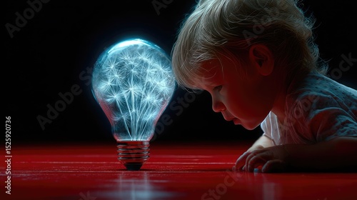 Child and illuminated light bulb, close-up.
