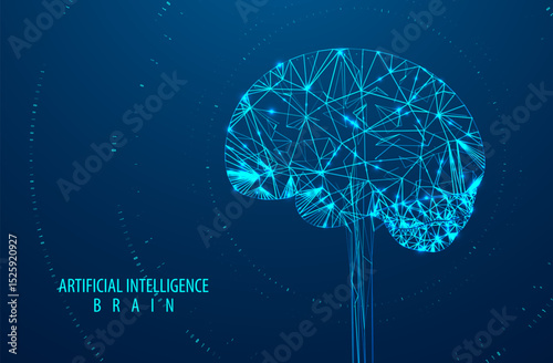 Artificial Intelligence illustration of brain. Machine learning concept. Abstract glowing brain connections. Particles liquid dynamic flow. Graphic concept for your design