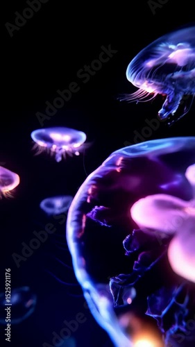 Floating jellyfish in the deep ocean. Glowing marine creatures swimming in dark water with their tentacles spread, colorful bioluminescence