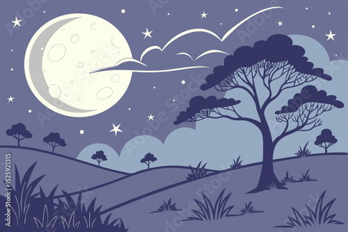 Nighttime Landscape with Full Moon and Clouds serene illustration landscape night featuring full moon clouds trees hill night landscape moonlit scene full moon clouds trees