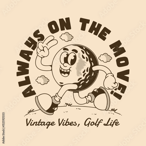 Running Golf Ball Mascot with Retro Cartoon Style and Vintage Typography Design