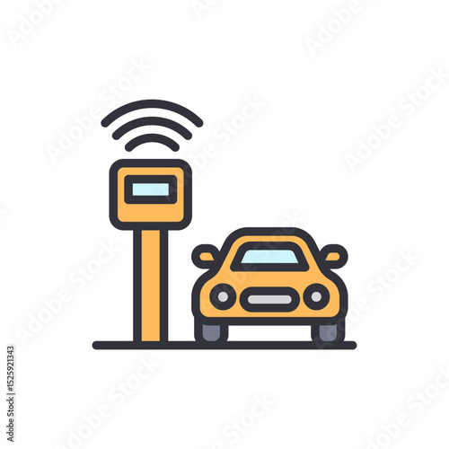 Iconic Representation Of A Car Interacting With Smart Technology Device