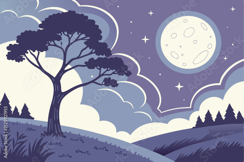 Nighttime Landscape with Full Moon and Clouds serene illustration landscape night featuring full moon clouds trees hill night landscape moonlit scene full moon clouds trees