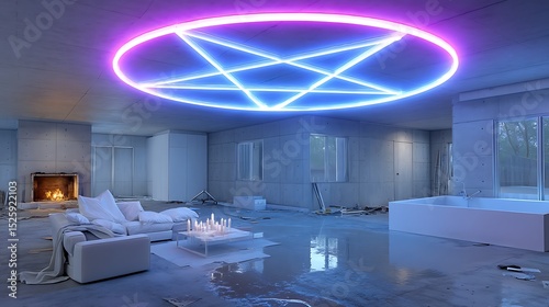 Modern Interior with Neon Lights and Abstract Design in an Unfinished Space