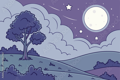 Nighttime Landscape with Full Moon and Clouds serene illustration landscape night featuring full moon clouds trees hill night landscape moonlit scene full moon clouds trees