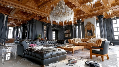 Elegant yet Abandoned Living Room with Ice Accumulation and Luxurious Furniture
