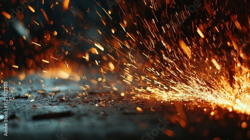 Glowing metal sparks in motion, a dance of fiery particles. Industrial energy transformed into abstract art.

