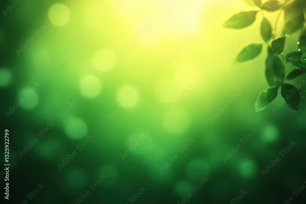 Obraz premium Close-up of green leaves with water droplets glowing in soft sunlight with blurred green bokeh background evoking freshness and tranquility