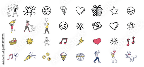 A collection of happy doodle icons with people pets and fun elements for joy and celebration concepts