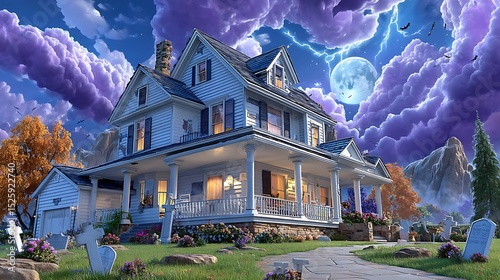 Charming Haunted House Surrounded by Mystical Clouds and Eerie Graveyard at Night