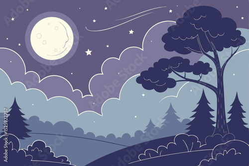Nighttime Landscape with Full Moon and Clouds serene illustration landscape night featuring full moon clouds trees hill night landscape moonlit scene full moon clouds trees