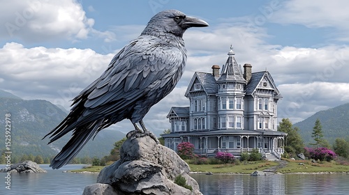 Majestic Raven Standing on Rock Near Victorian House in Scenic Landscape with Clouds