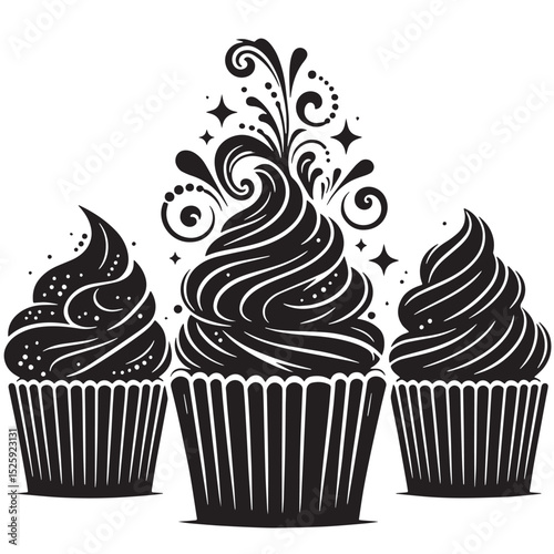 Elegant Cupcake Trio with Swirl Frosting and Sprinkles Illustration
