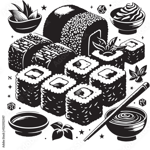 Authentic Sushi and Asian Food Elements Illustration