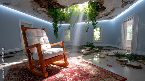 Abandoned Room with Rocking Chair Surrounded by Overgrown Plants and Natural Light Beams