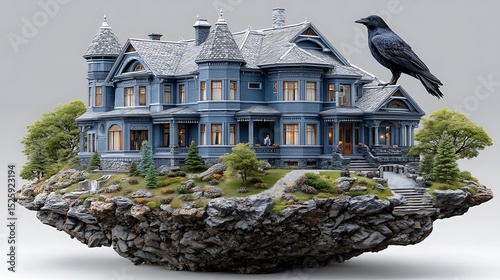 Enchanted mansion on floating rock with a majestic raven perched nearby in surreal landscape