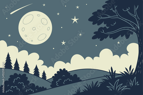 Nighttime Landscape with Full Moon and Clouds serene illustration landscape night featuring full moon clouds trees hill night landscape moonlit scene full moon clouds trees