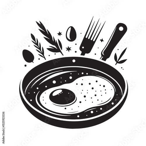 Frying Pan with Fried Egg and Breakfast Elements Illustration