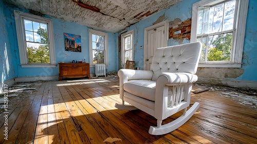 Bright White Rocking Chair in Abandoned Room with Blue Walls and Natural Light Streaming In