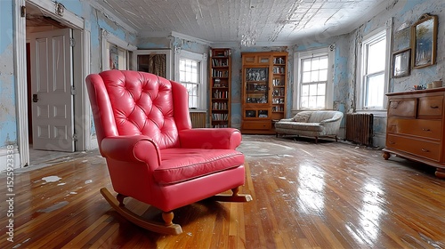 Cozy Red Rocking Chair in Vintage Living Room with Distressed Walls and Natural Light