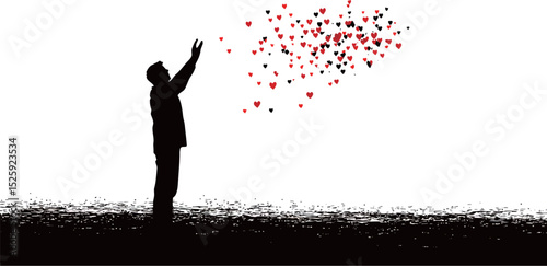 Silhouetted man releasing a flurry of red hearts against a white background.