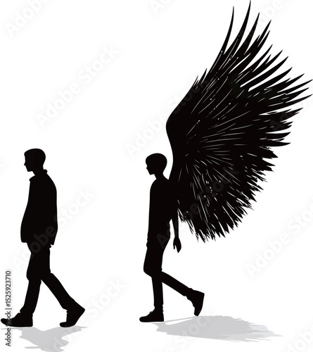 Silhouette of a man walking with angel wings, symbolizing transformation and hope.