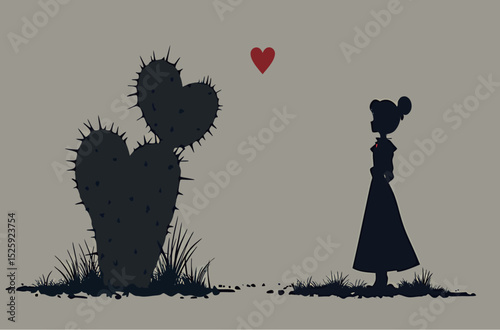 Silhouette of a girl admiring a heart-shaped cactus in a whimsical illustration.