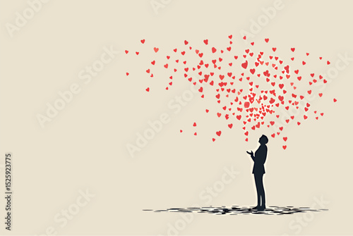 Silhouette of a person surrounded by floating hearts, symbolizing love and connection.