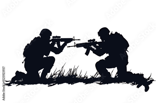Two soldiers in tactical pose, silhouetted against a contrasting background.