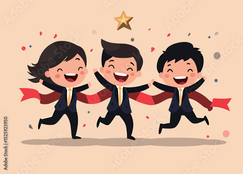 Three joyful boys in suits celebrating a victory with ribbons and confetti.