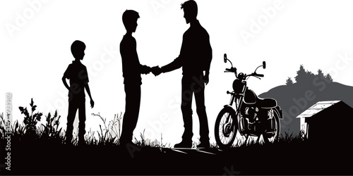 Silhouetted scene of a father and son shaking hands near a motorcycle at sunset.