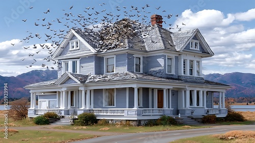 Abandoned Victorian House Surrounded by Flocks of Birds in a Serene Landscape