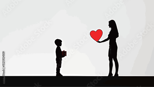 Silhouette of a child and woman sharing love, with a heart symbol in a minimalist setting.