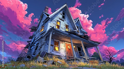Abandoned House with Worn-Out Exterior Under Colorful Cloudy Sky at Dusk