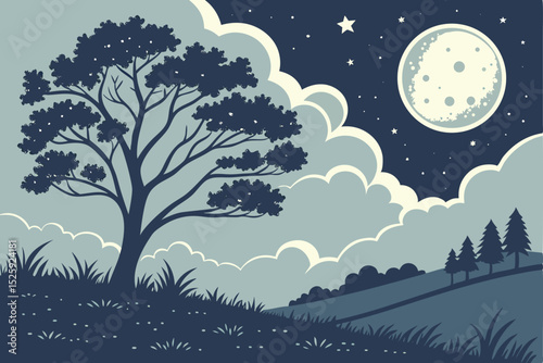 Nighttime Landscape with Full Moon and Clouds serene illustration landscape night featuring full moon clouds trees hill night landscape moonlit scene full moon clouds trees
