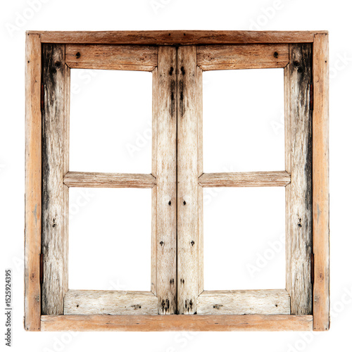 Old rustic wooden window frame isolated on transparent background