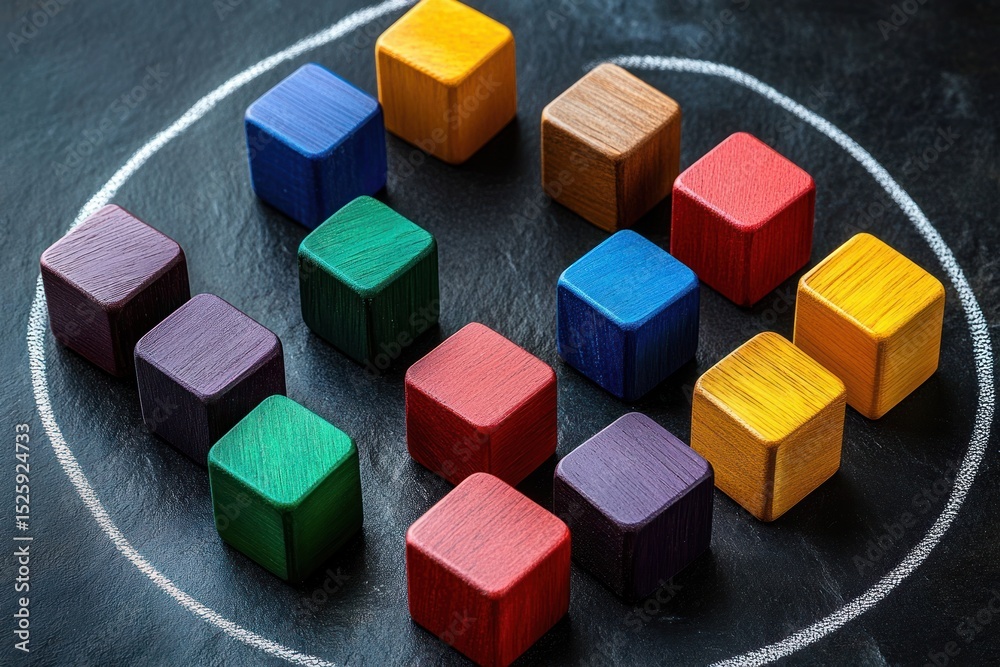 Obraz premium Colorful wooden cubes arranged inside a white chalk circle on a black surface with varied colors including purple, green, red, blue, yellow, and brown