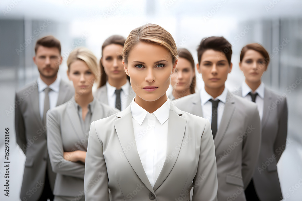 Confident businesswoman stands out among team in modern office environment Confident businesswoman stands out among team in modern office environment