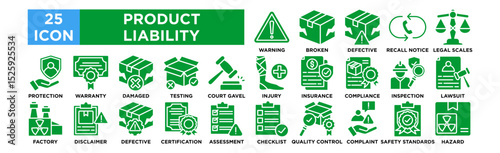 Product Liability icon collection set. Warning Label, Broken Product, Defective Packaging, Recall Notice, Legal Scales