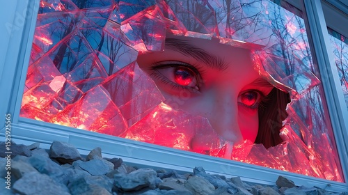 Mysterious Eyes Behind Broken Glass Reflecting Fiery Light with Nature Background