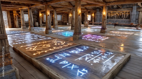 Ancient Runic Symbols Illuminated on Wooden Floors in a Mystical Hall