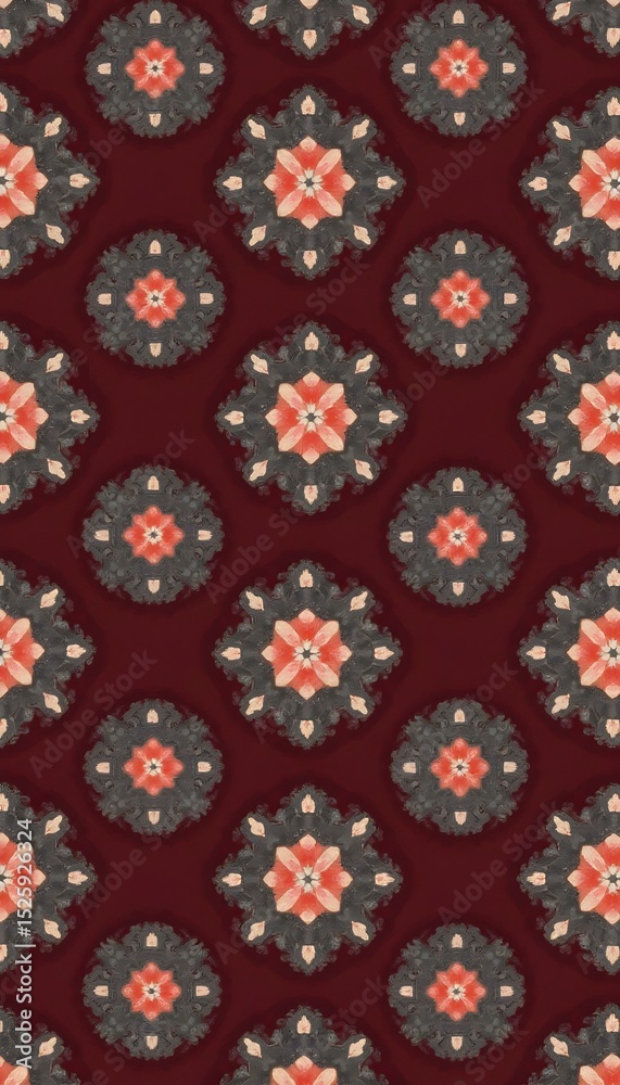 Fototapeta premium Symmetric Geometric Pattern on Dark Red Background, Showcasing Retro Decorative Style & Artistic Texture, for Textile Fabrics, Wallpaper Design, Packaging Decoration, Cultural & Creative Products