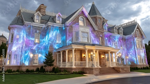Grand Historic Mansion with Colorful Light Projections Under Dramatic Sky